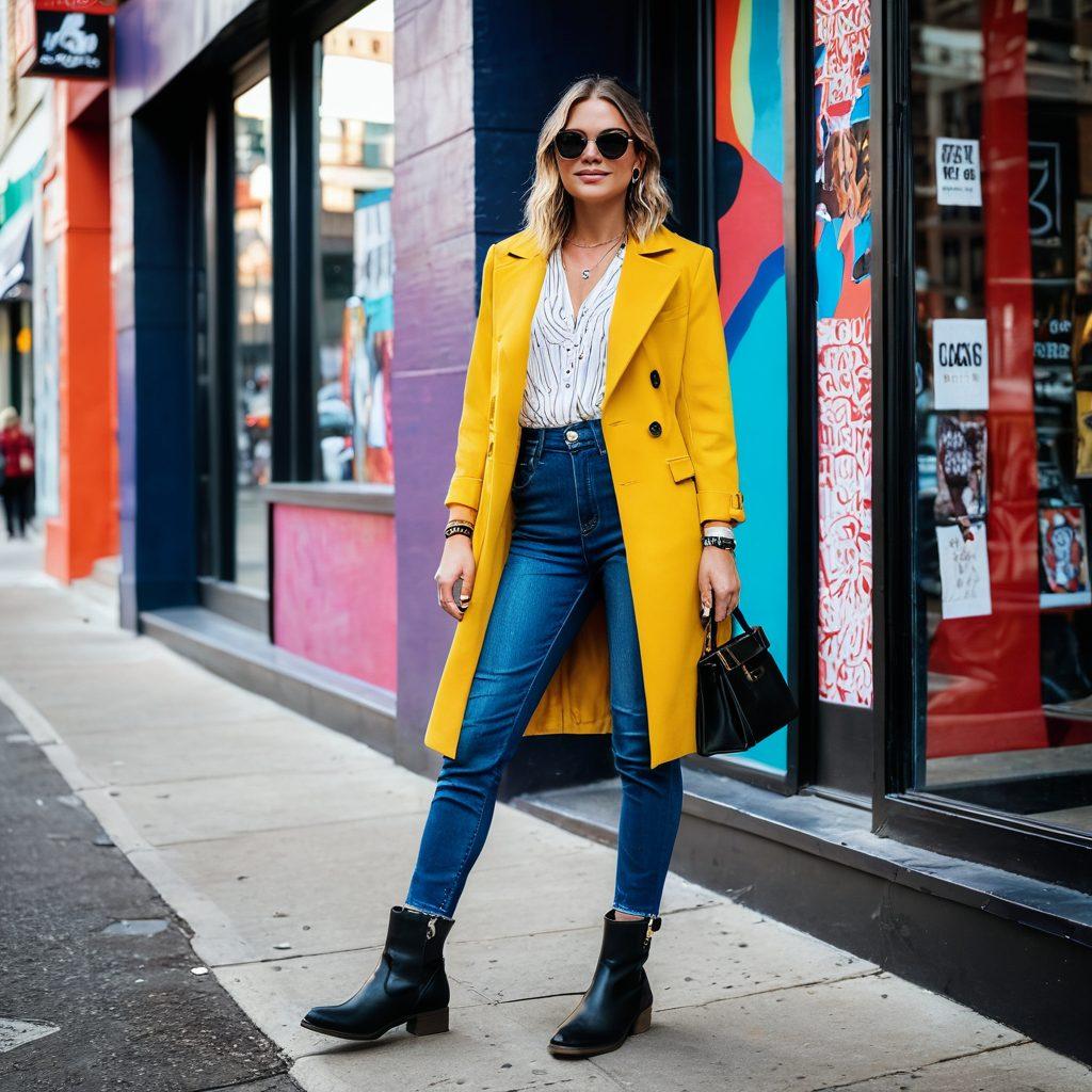A fashionable person stepping confidently in stylish boots on a vibrant urban sidewalk, surrounded by trendy accessories and colorful street art. Include elements like a chic café nearby and a fashion magazine in hand. The overall scene should convey a sense of lifestyle and modern fashion, with an emphasis on boot styles. super-realistic. vibrant colors. 3D.