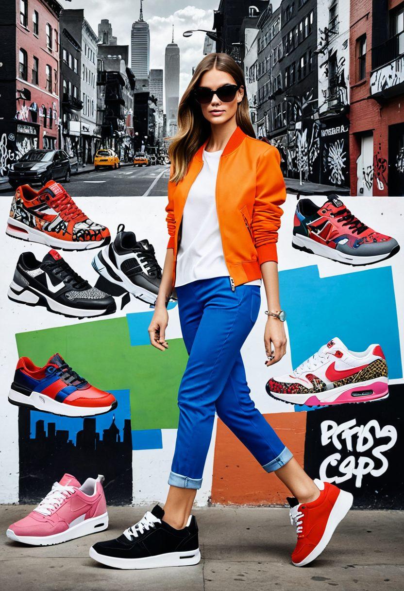 A stylish collage showcasing a variety of footwear from street style sneakers to elegant high heels, set against a vibrant urban backdrop. Each shoe is highlighted with chic fashion elements, like accessories and textures, reflecting different styles and personalities. Incorporate fashion icons and modern streetwear influences to enhance the appeal. vibrant colors. modern art.