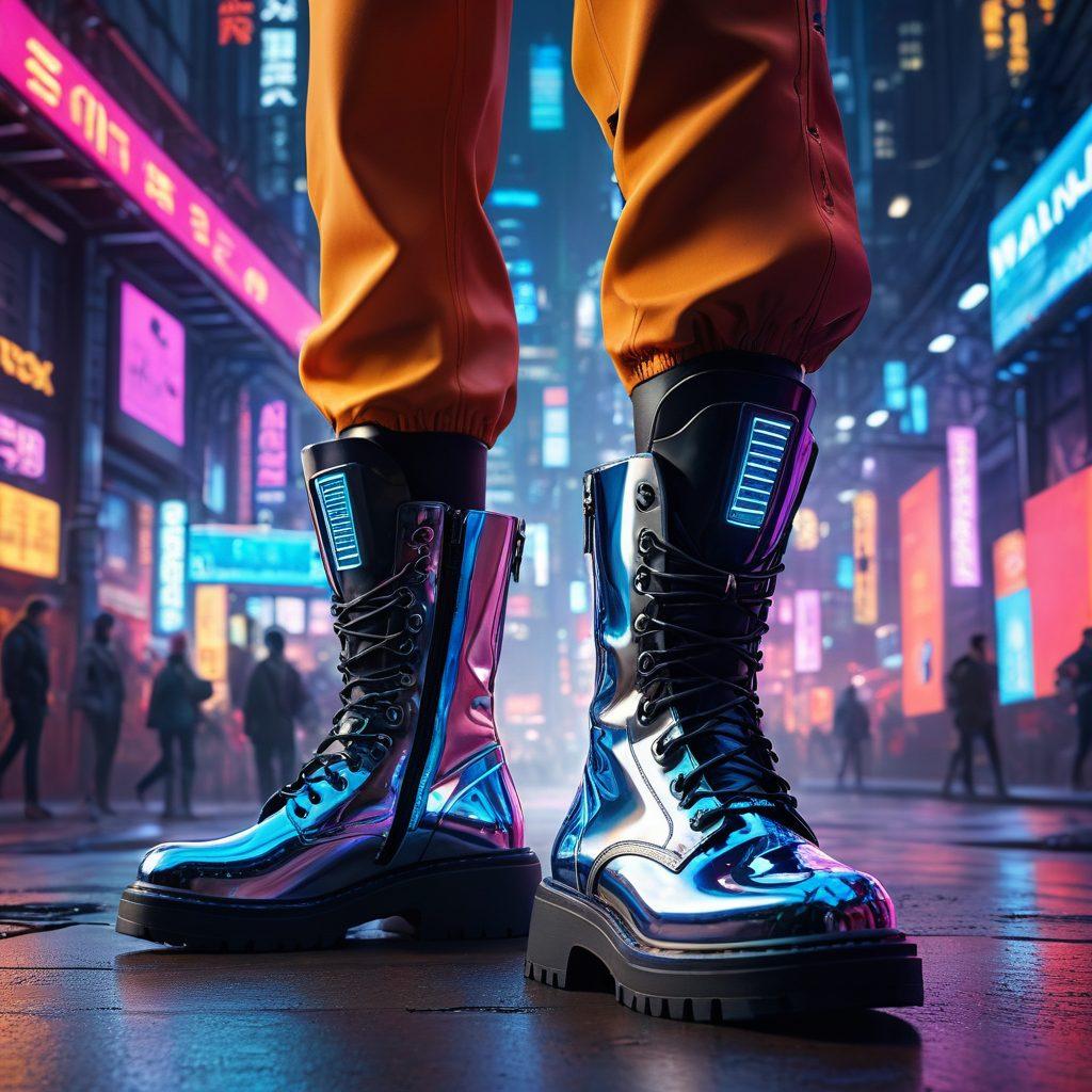 A futuristic boot design seamlessly blending high-tech materials and cutting-edge fashion trends, set against a sleek, modern urban backdrop. Include elements like LED lights, holographic textures, and stylish accessories to accentuate the innovation. Showcase diverse models wearing the boots, portraying dynamic movement and urban lifestyle. The color palette should be bold and vibrant, highlighting the contrast between tradition and modernity. cyberpunk. vibrant colors. super-realistic.